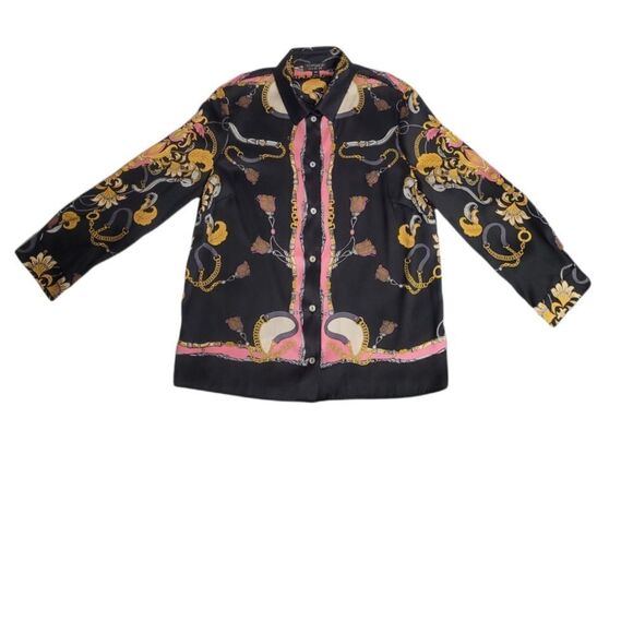 TOPSHOP blouse horsebit gold chain tassel‎ button up polyester shirt 6 - Picture 1 of 8